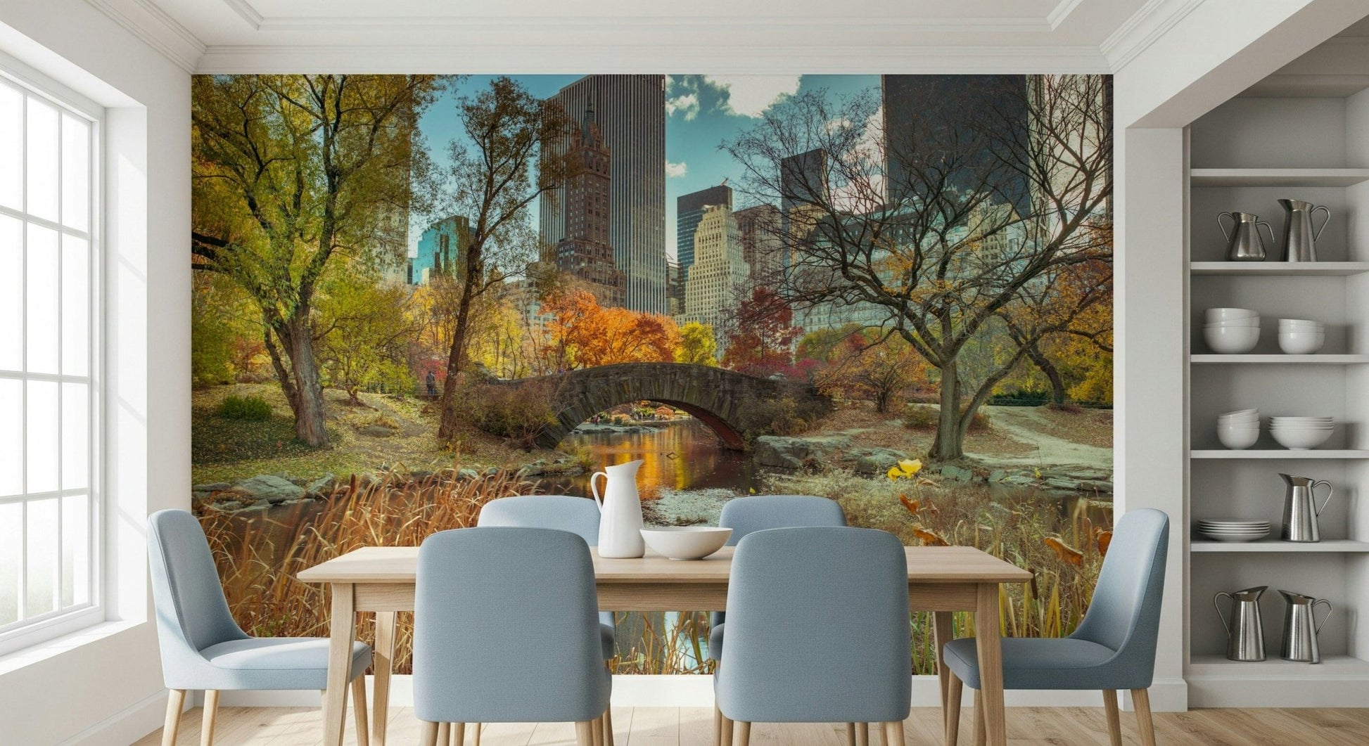 Warm sunset glow on a city skyline wall mural for a modern interior look.