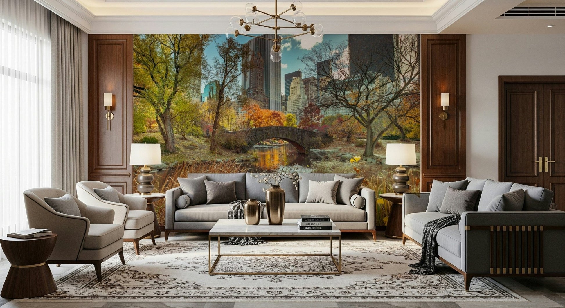 Nature meets city life in this scenic fall-themed wall mural.