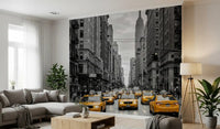 Manhattan Golden Rush wall mural with grayscale buildings and taxis
