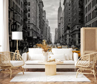 NYC street Golden wall mural showing yellow cabs and city depth