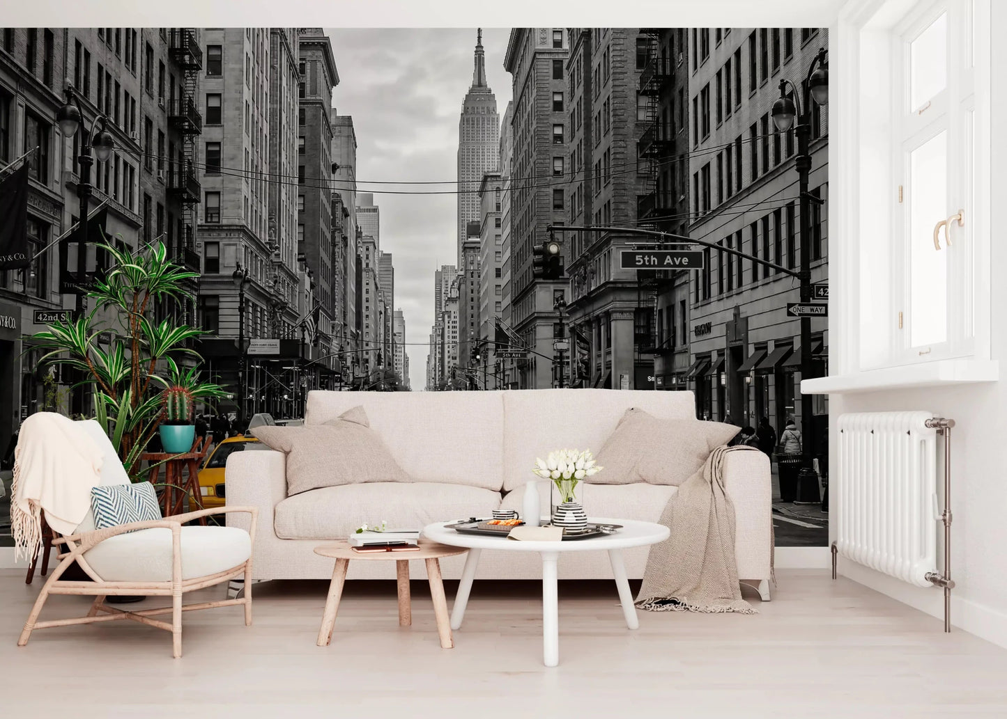 New York street Golden Rush wall mural with monochrome buildings and taxis