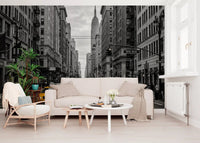 New York street Golden Rush wall mural with monochrome buildings and taxis