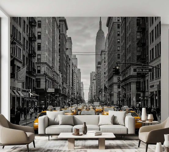 Living room wall setup with Manhattan Golden Rush wall mural urban street, GD9426