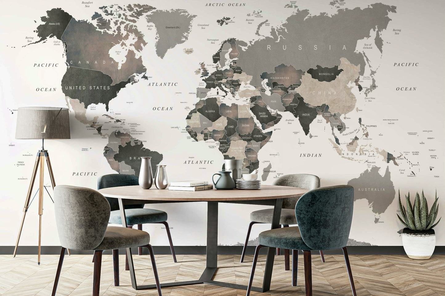 Map mural with soft faded shades

