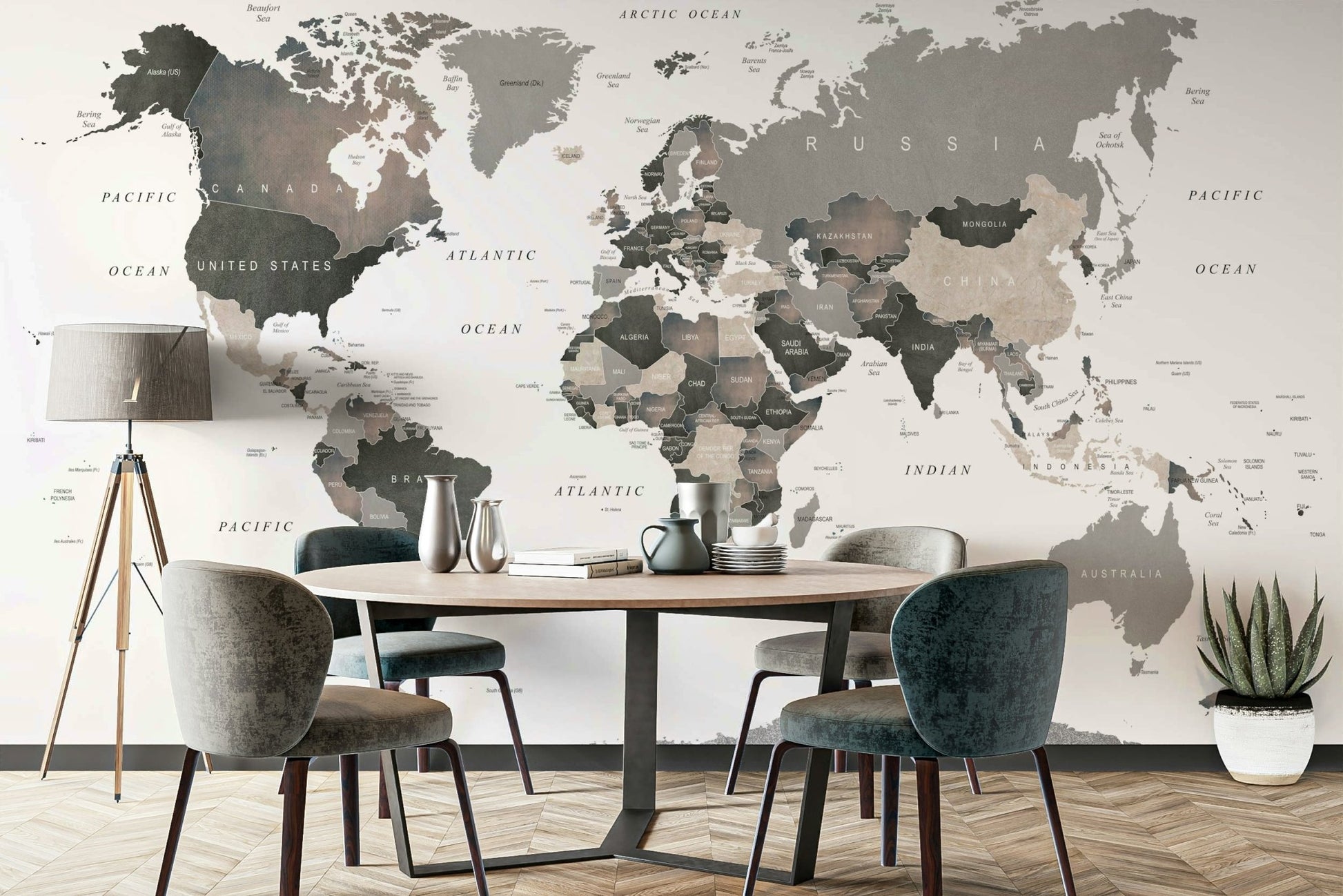 Map mural with soft faded shades

