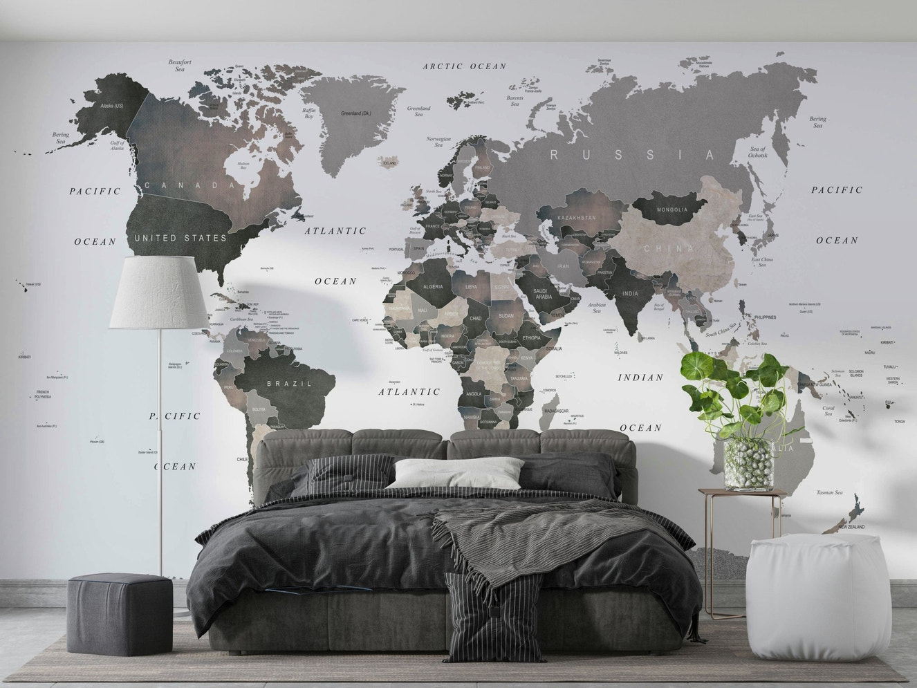 Muted world map mural for walls

