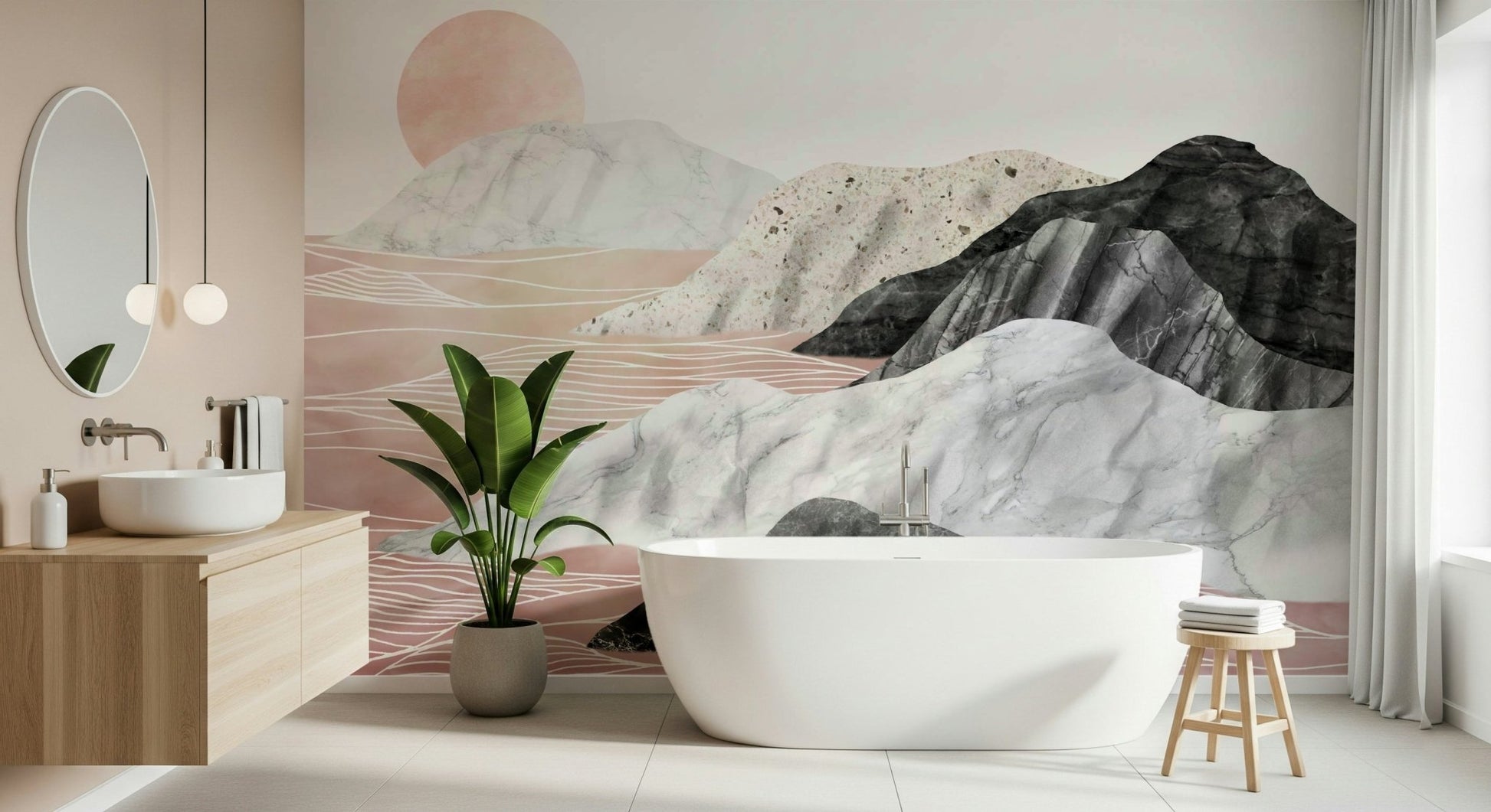 A calming abstract design wallpaper mural that defines a space.