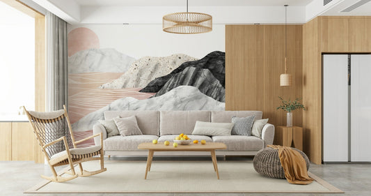 A beautiful abstract mountain wallpaper mural with marble texture and sunset light.