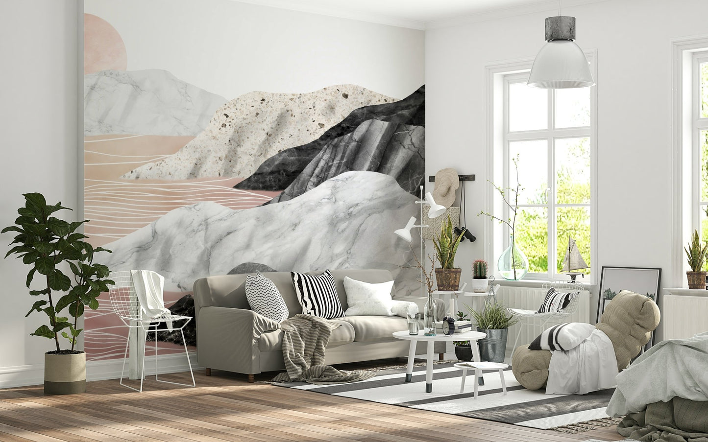 A serene flowing design wall mural in warm and cool tones.