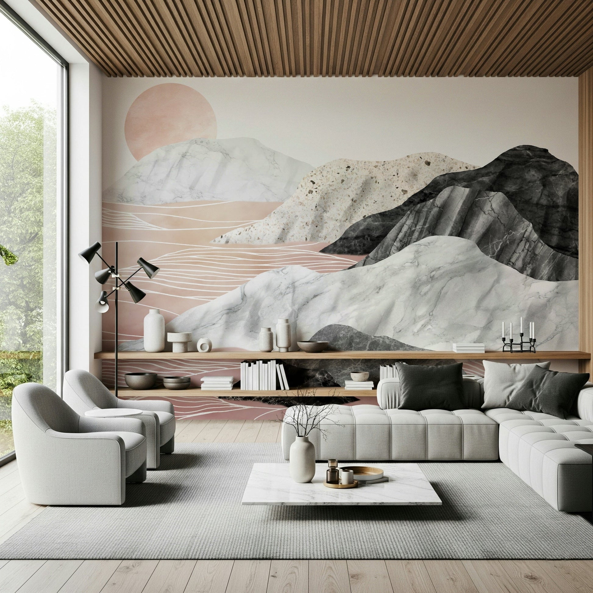 An artistic minimalist form mural for home decor.