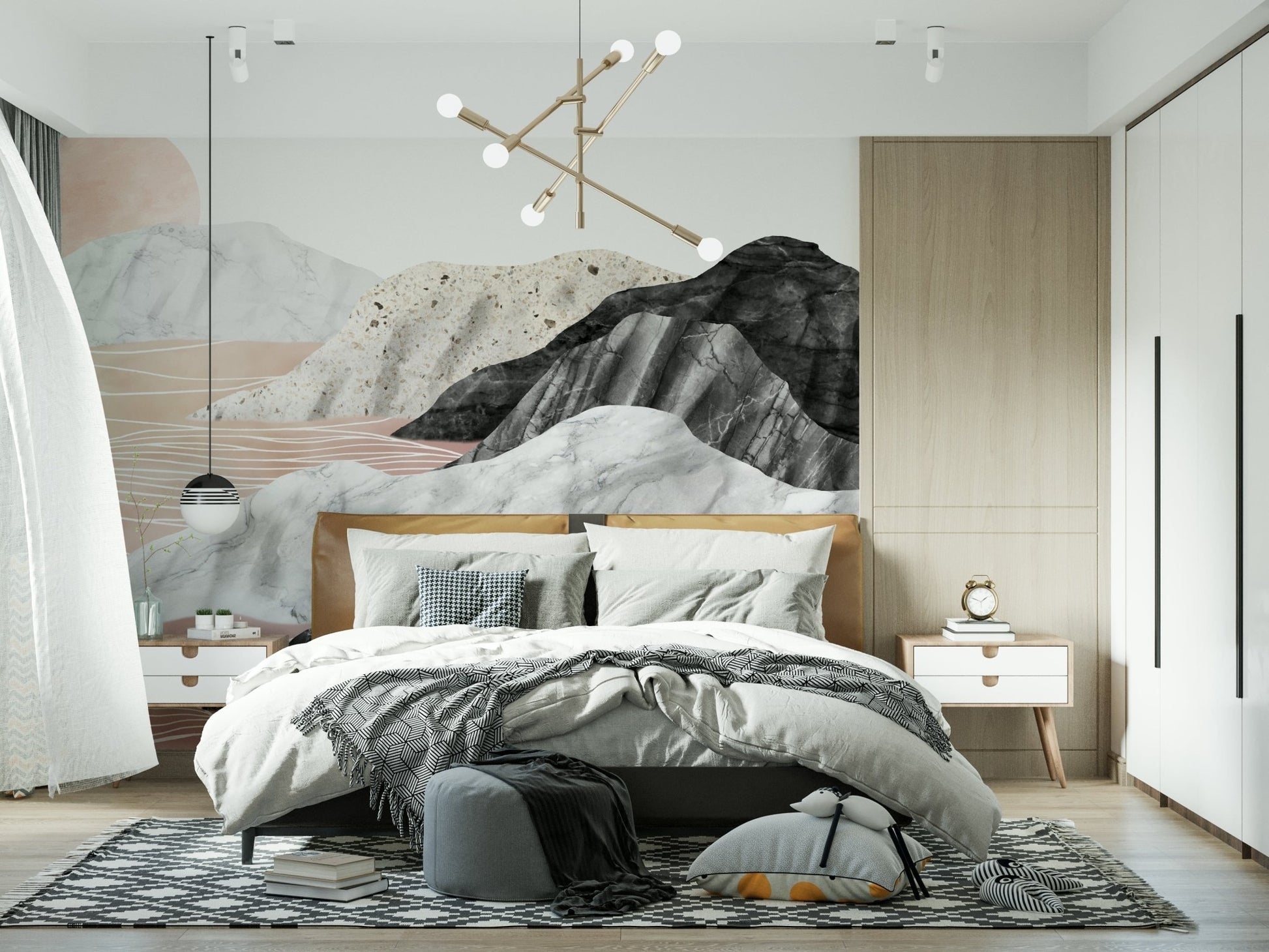 A peaceful modern abstract mural on decorative wallpaper.