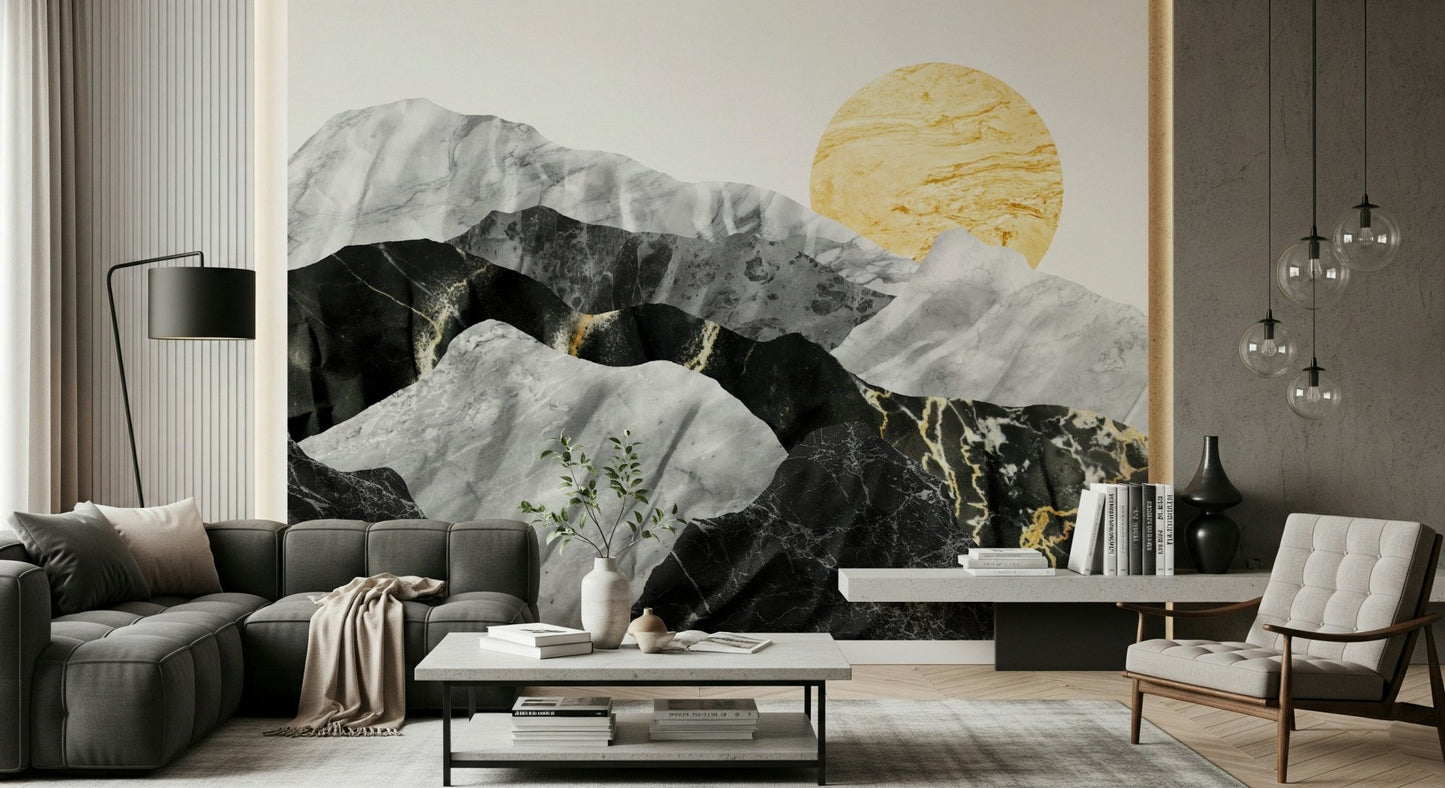 A contemplative elegant marble wallpaper mural for a feature wall, resembling geological layers.