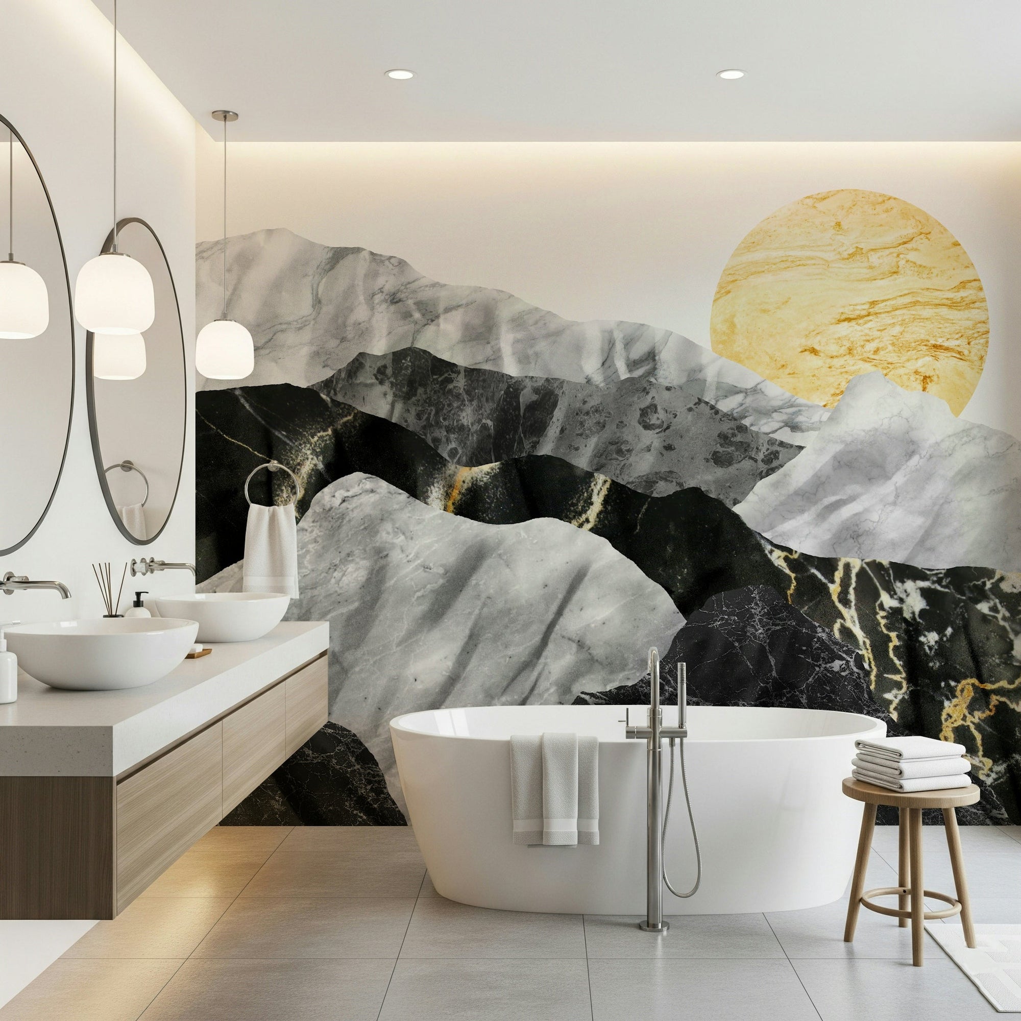 A beautiful abstract marble wallpaper mural featuring layered peaks and flowing stone texture., GD5642