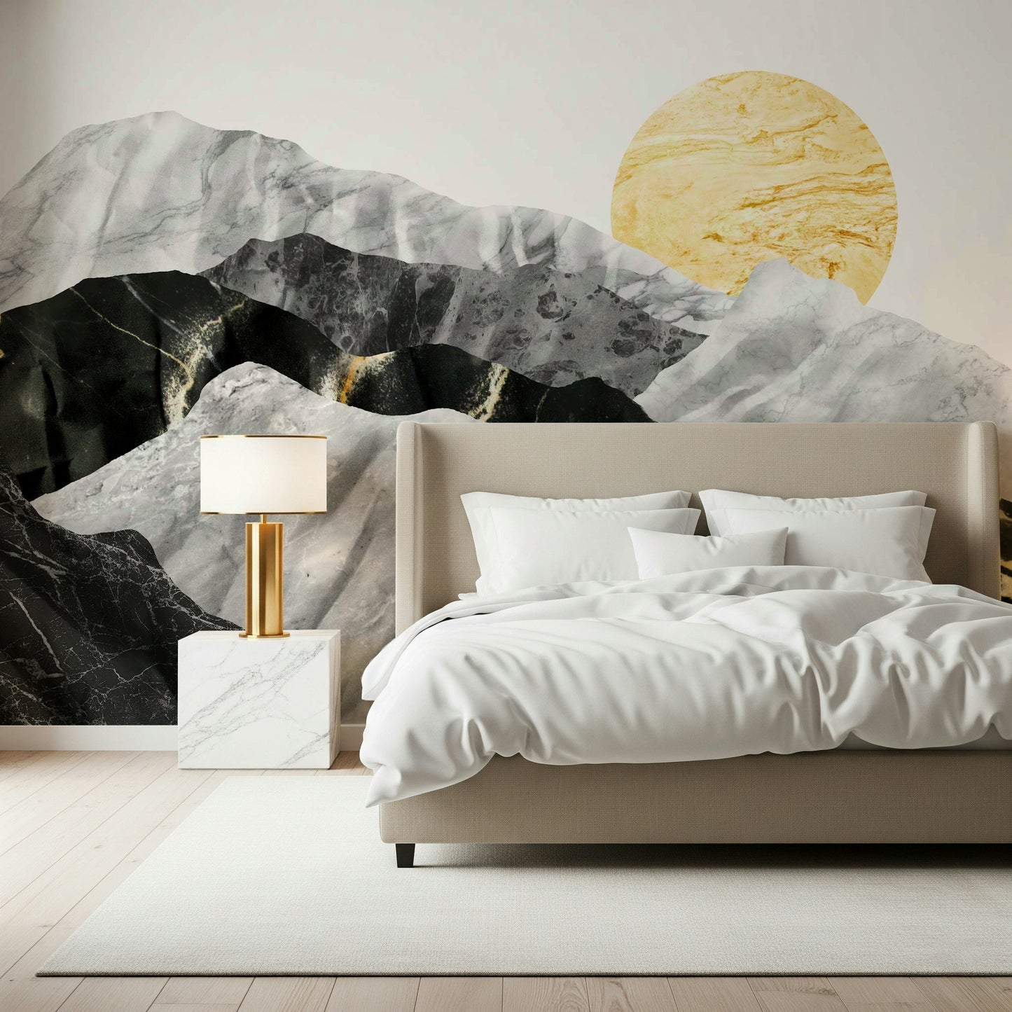 A peaceful natural marble mural on decorative wallpaper.