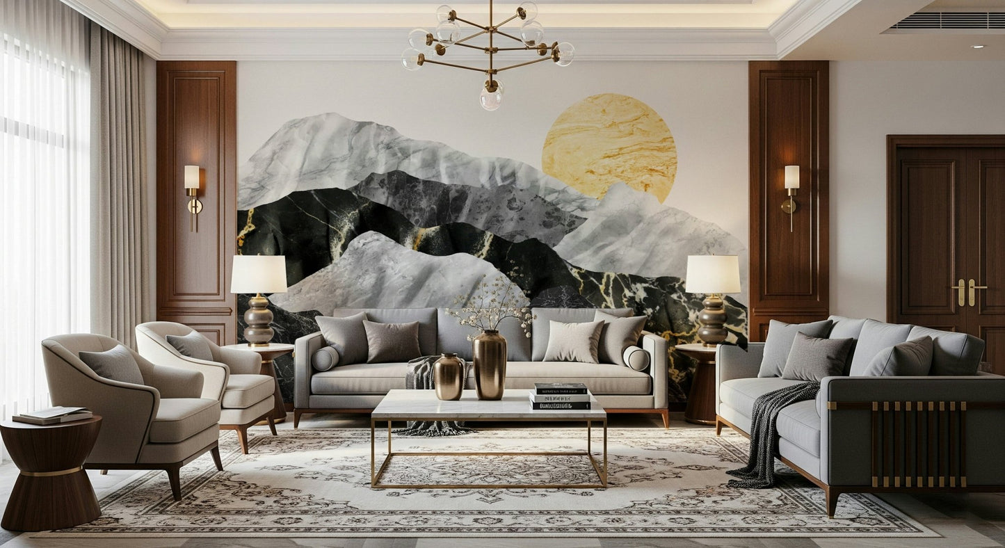 An artistic abstract mountain mural for home decor.