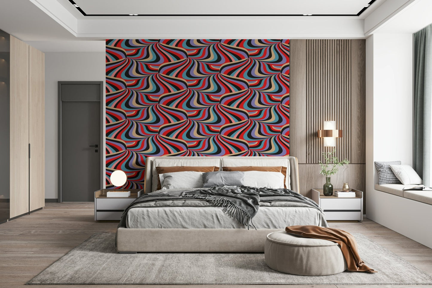 Colorful abstract wallpaper for walls using the Marble Swirl Groovy Retro Abstract Stripes Colorful Wallpaper.