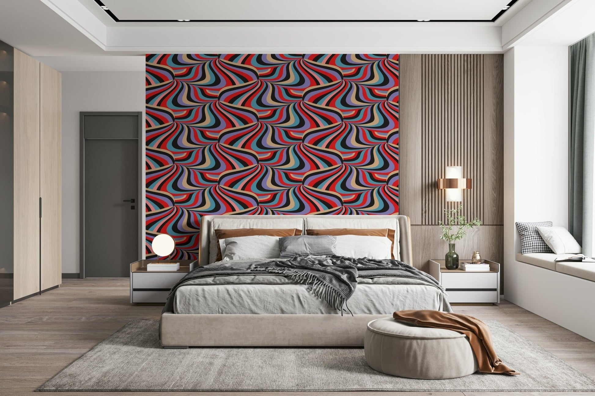Colorful abstract wallpaper for walls using the Marble Swirl Groovy Retro Abstract Stripes Colorful Wallpaper.