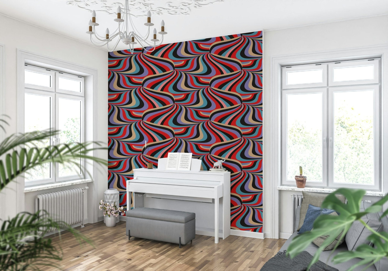 Marble Swirl Groovy Retro Abstract Stripes Colorful Wallpaper in a funky den.