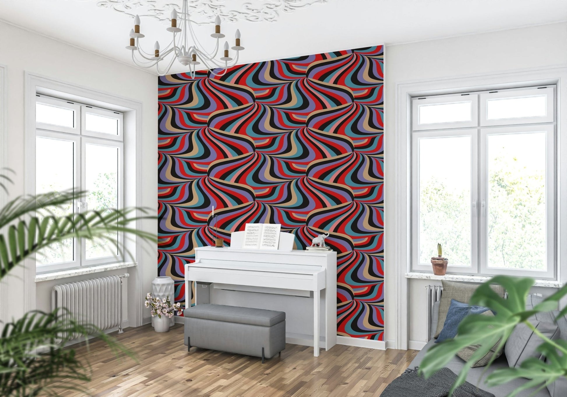 Marble Swirl Groovy Retro Abstract Stripes Colorful Wallpaper in a funky den.