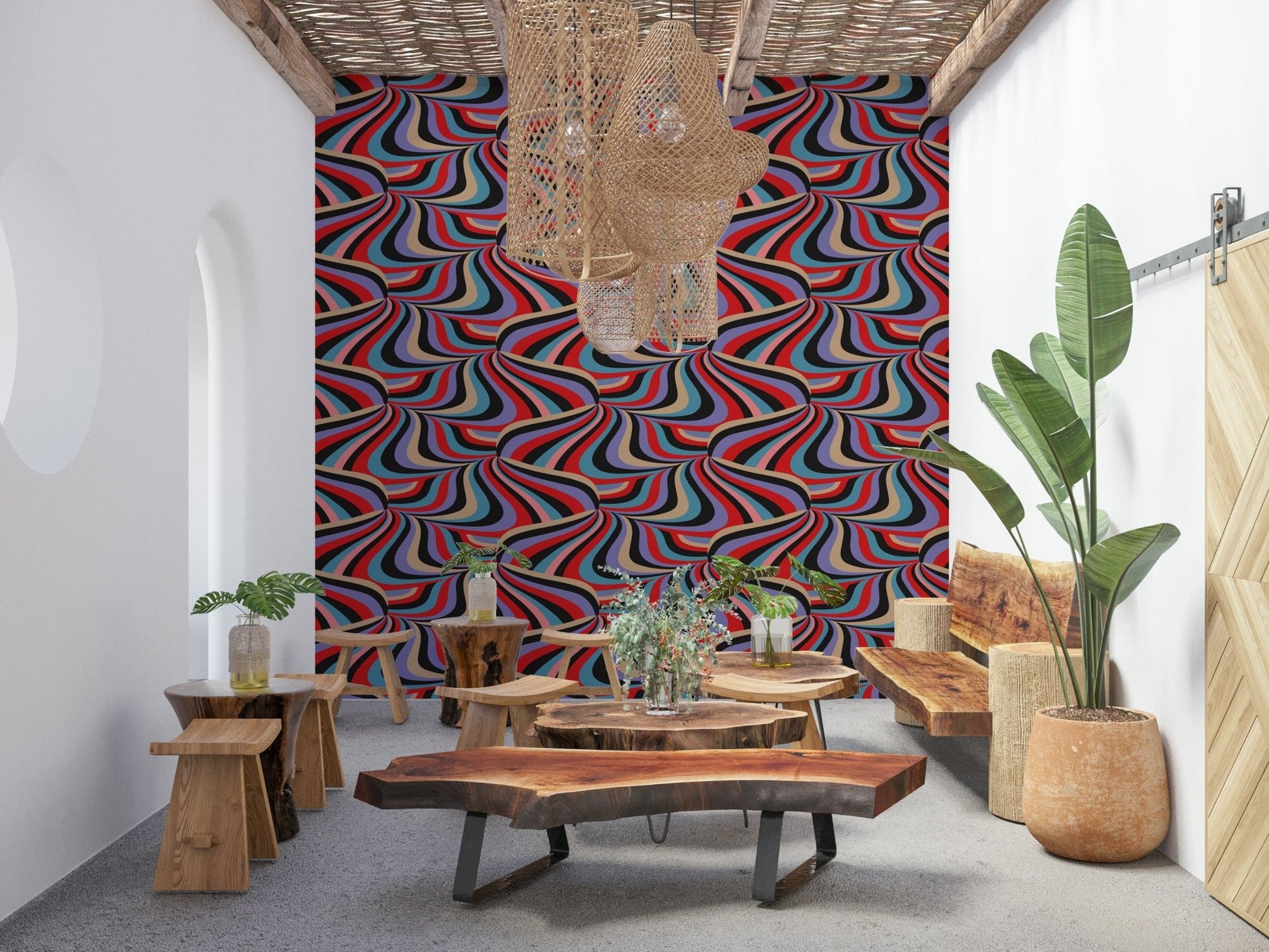 Dynamic curved lines of the Marble Swirl Groovy Retro Abstract Stripes Colorful Wallpaper.