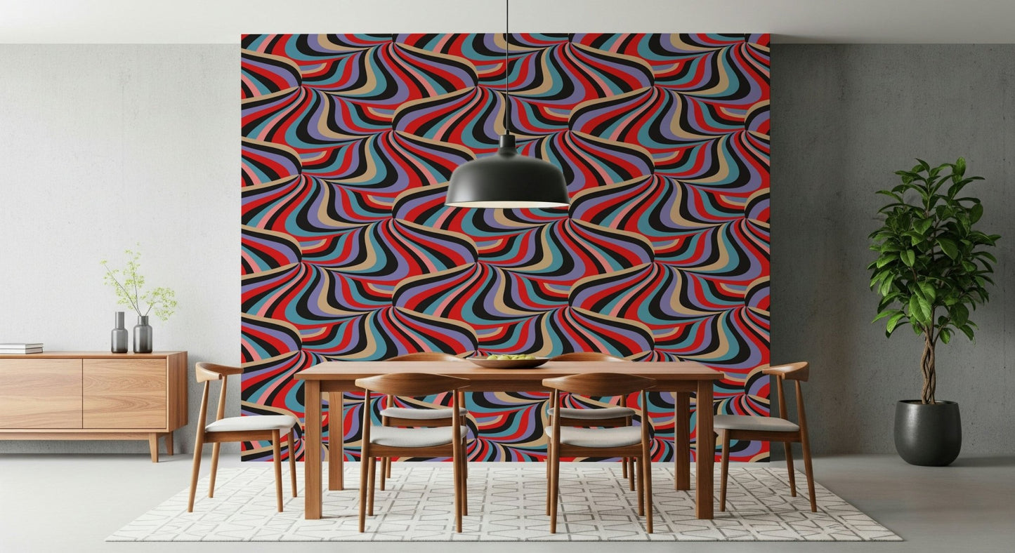 Marble Swirl Groovy Retro Abstract Stripes Colorful Wallpaper creating a stunning feature wall.