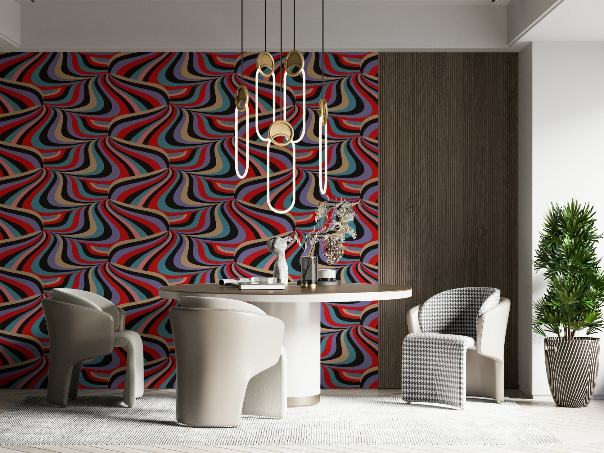 Retro 70s style pattern of the Marble Swirl Groovy Retro Abstract Stripes Colorful Wallpaper.