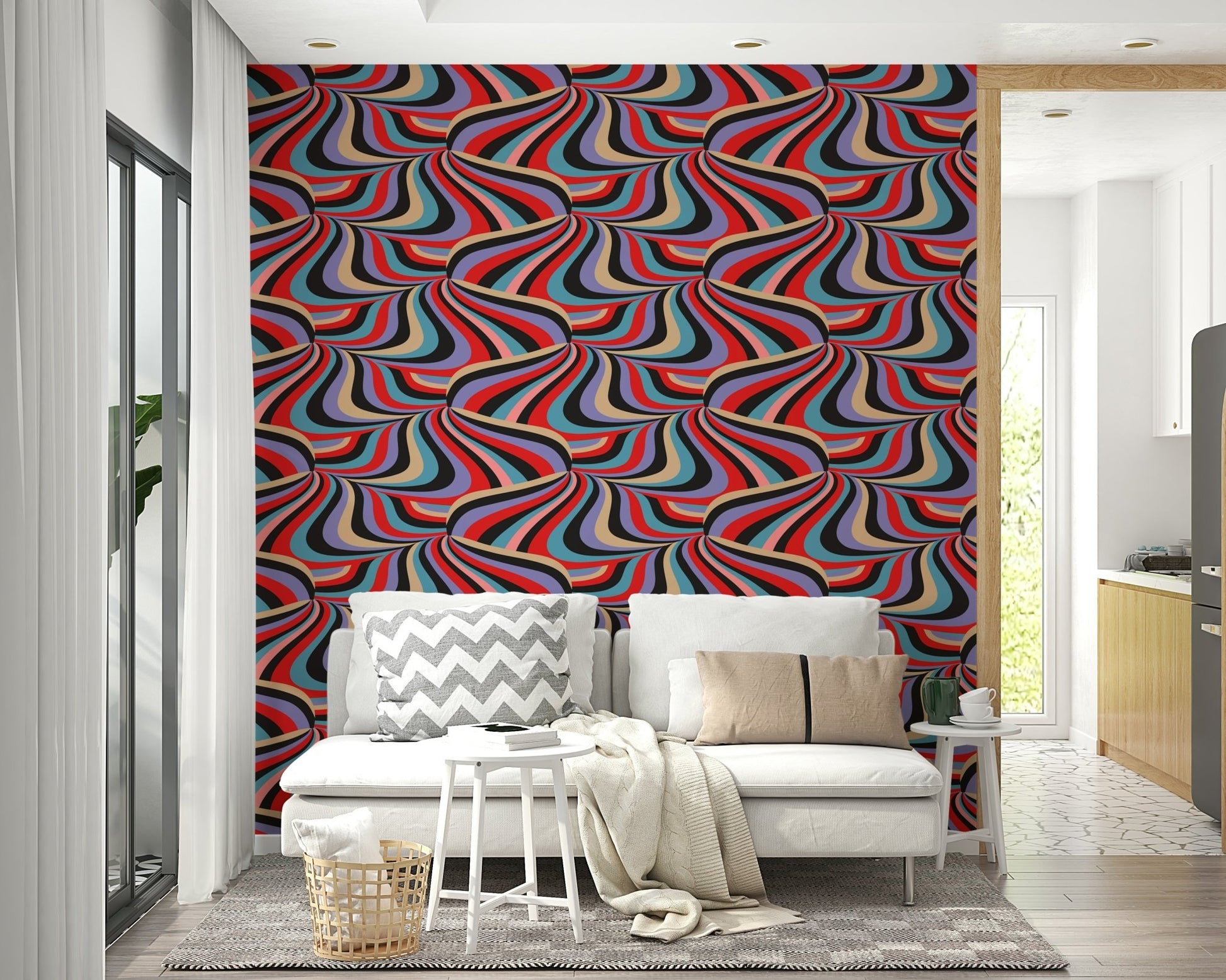 Designer interior featuring the bold Marble Swirl Groovy Retro Abstract Stripes Colorful Wallpaper.
