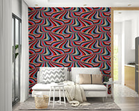 Designer interior featuring the bold Marble Swirl Groovy Retro Abstract Stripes Colorful Wallpaper.