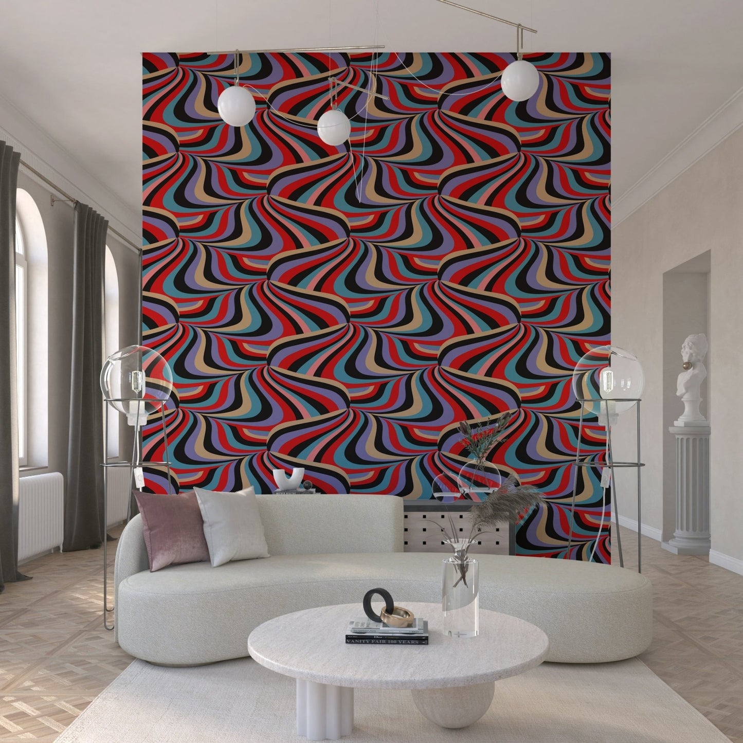 Marble Swirl Groovy Retro Abstract Stripes Colorful Wallpaper accent wall behind a velvet chair.