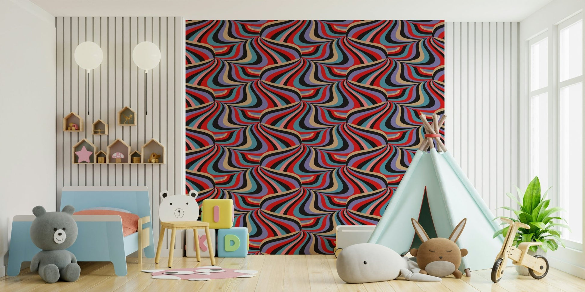 Full view of a stylish bedroom with Marble Swirl Groovy Retro Abstract Stripes Colorful Wallpaper.