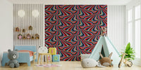Full view of a stylish bedroom with Marble Swirl Groovy Retro Abstract Stripes Colorful Wallpaper.