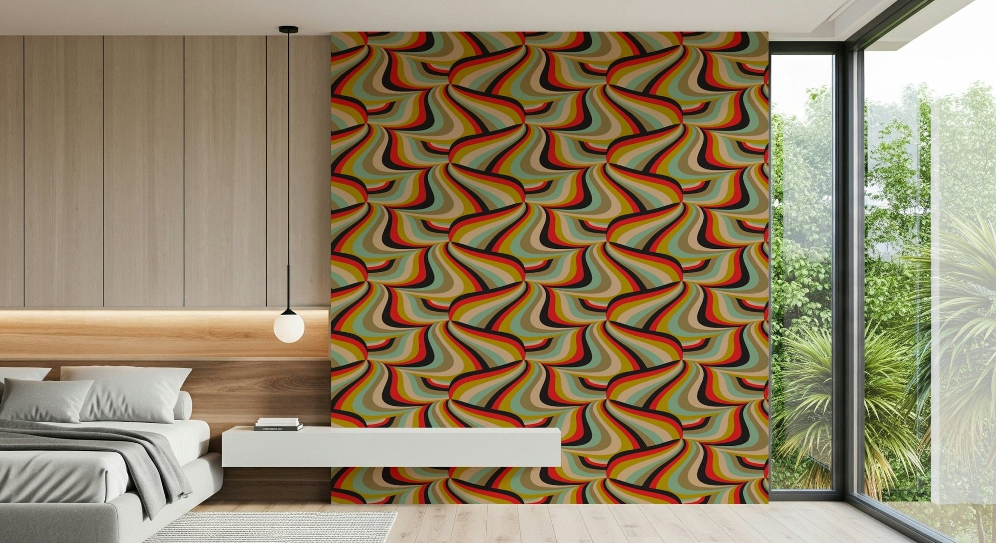 Marble Swirl Groovy Retro Abstract Stripes Colorful Wallpaper creating a stunning feature wall.