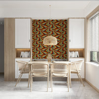 Marble Swirl Groovy Retro Abstract Stripes Colorful Wallpaper accent wall behind a velvet chair.