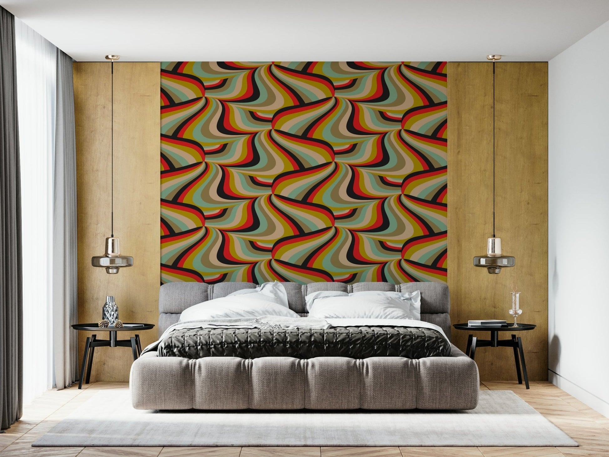 Colorful abstract wallpaper for walls using the Marble Swirl Groovy Retro Abstract Stripes Colorful Wallpaper.