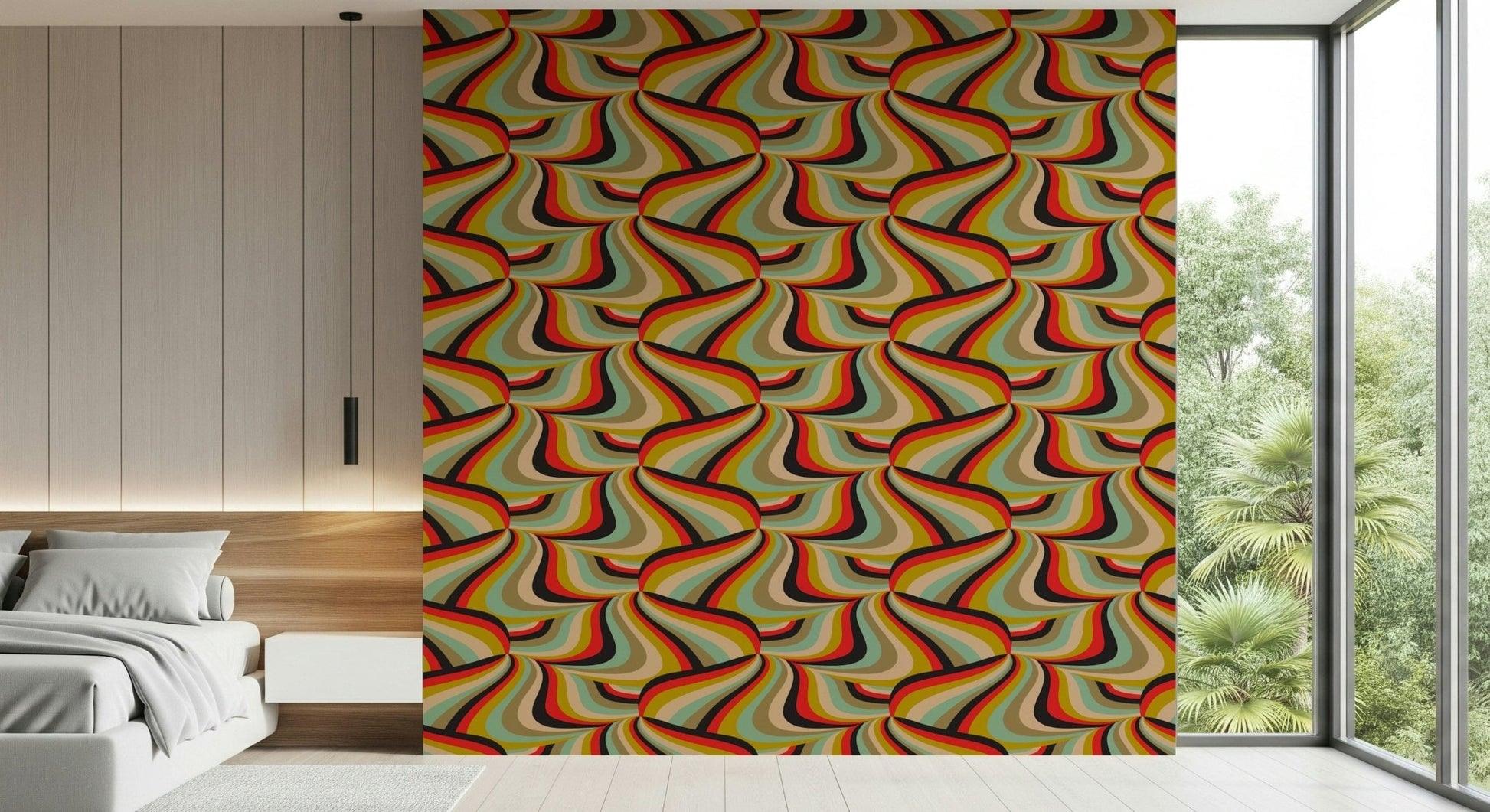 Full view of a stylish bedroom with Marble Swirl Groovy Retro Abstract Stripes Colorful Wallpaper.