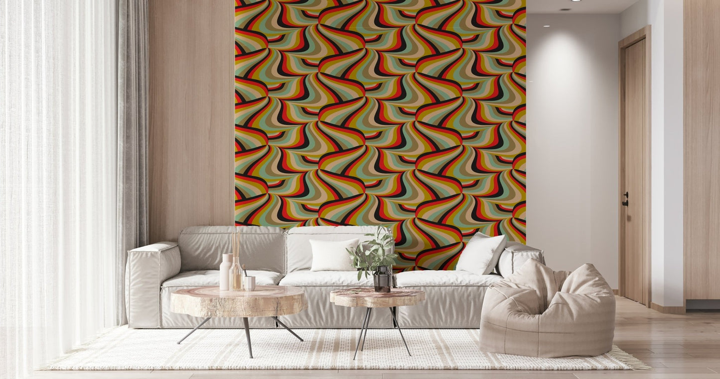 Dynamic curved lines of the Marble Swirl Groovy Retro Abstract Stripes Colorful Wallpaper.
