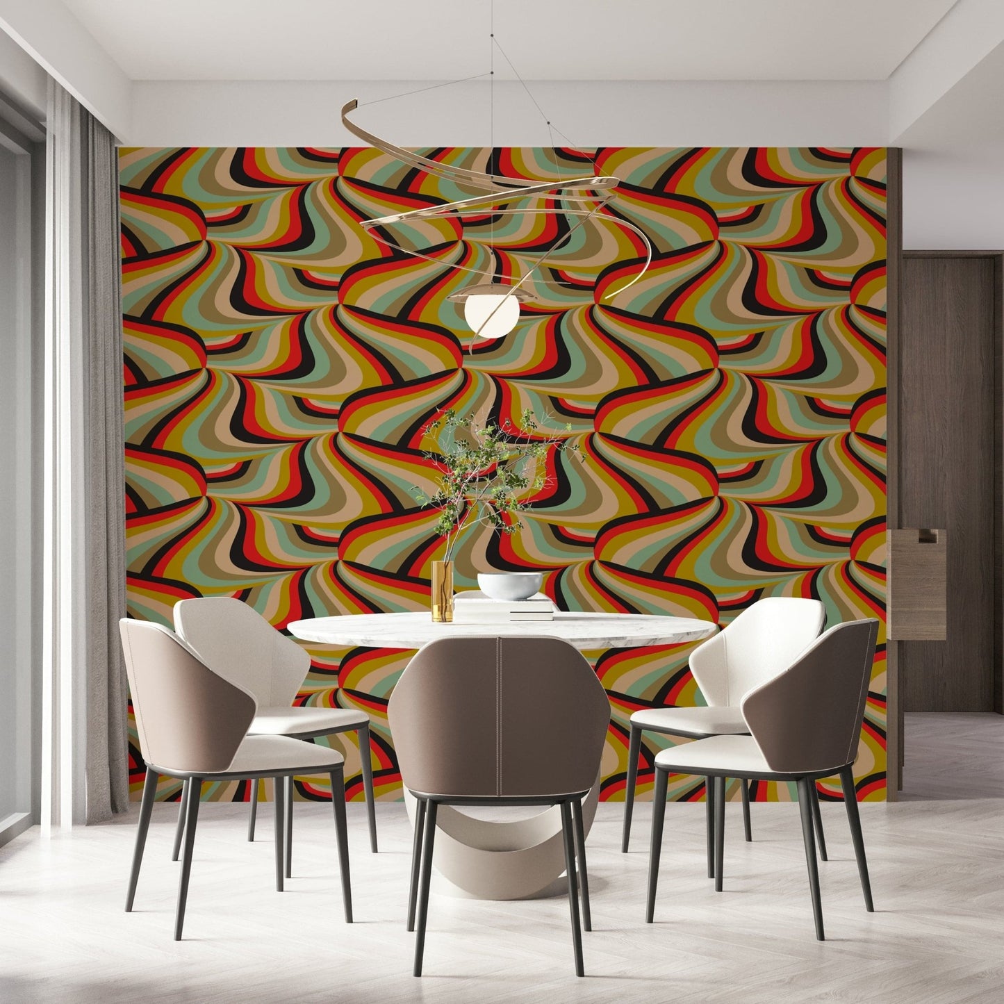 Retro 70s style pattern of the Marble Swirl Groovy Retro Abstract Stripes Colorful Wallpaper.