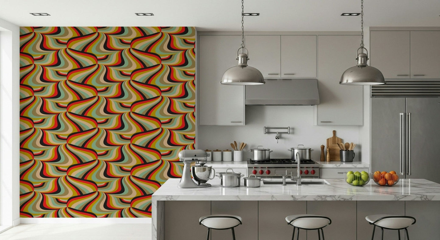 Designer interior featuring the bold Marble Swirl Groovy Retro Abstract Stripes Colorful Wallpaper.