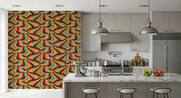 Designer interior featuring the bold Marble Swirl Groovy Retro Abstract Stripes Colorful Wallpaper.