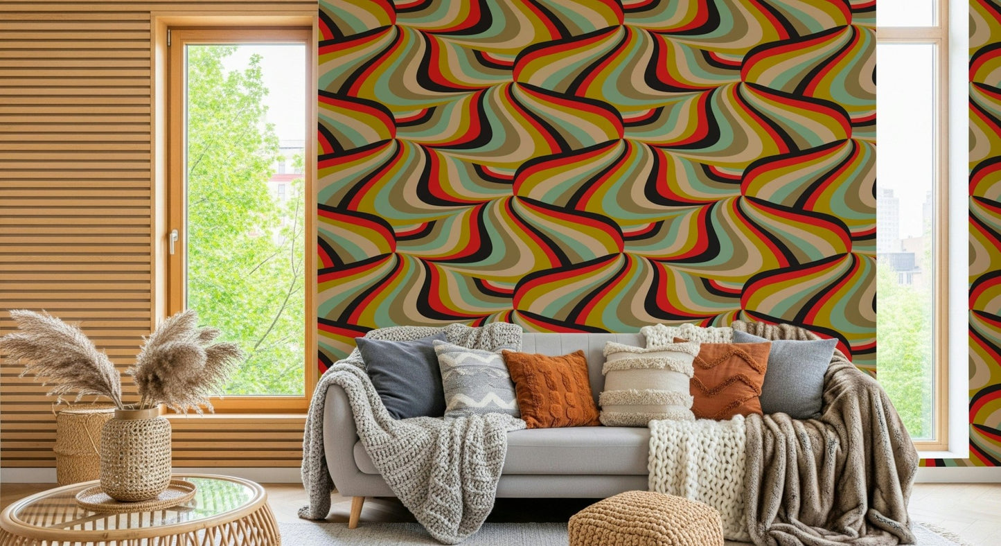 Marble Swirl Groovy Retro Abstract Stripes Colorful Wallpaper in a funky den.