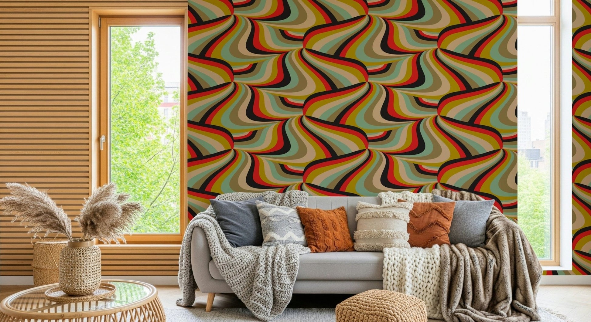 Marble Swirl Groovy Retro Abstract Stripes Colorful Wallpaper in a funky den.