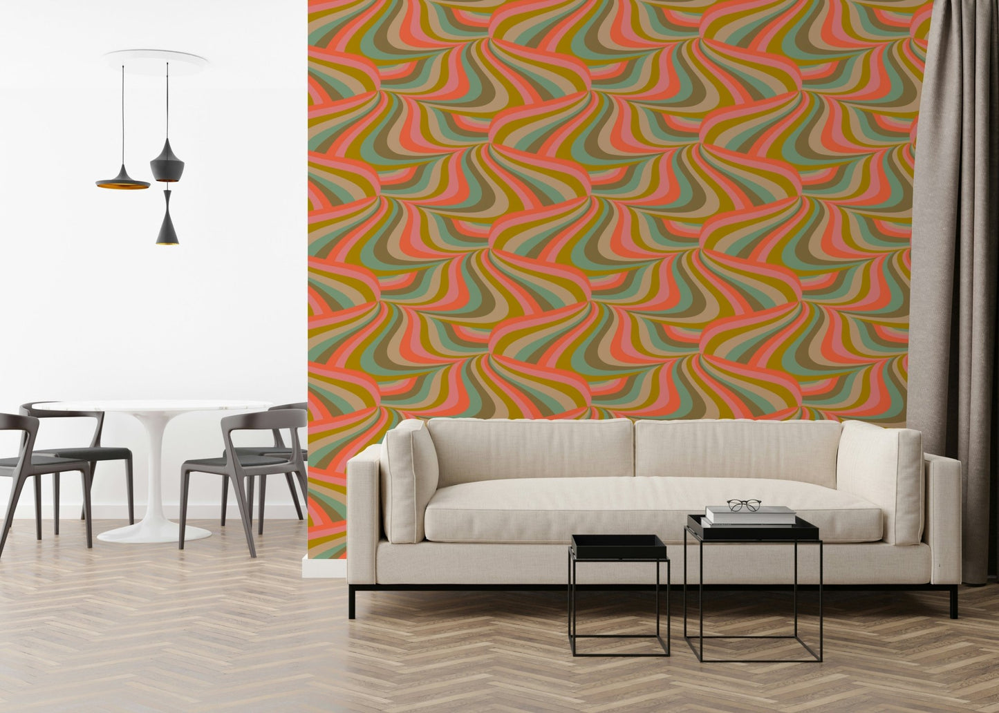 Retro swirls peel and stick wallpaper accent wall design.