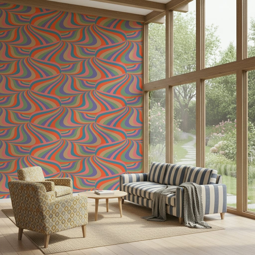 Marble Swirl Groovy Retro Abstract Stripes Colorful Wallpaper in a funky den.