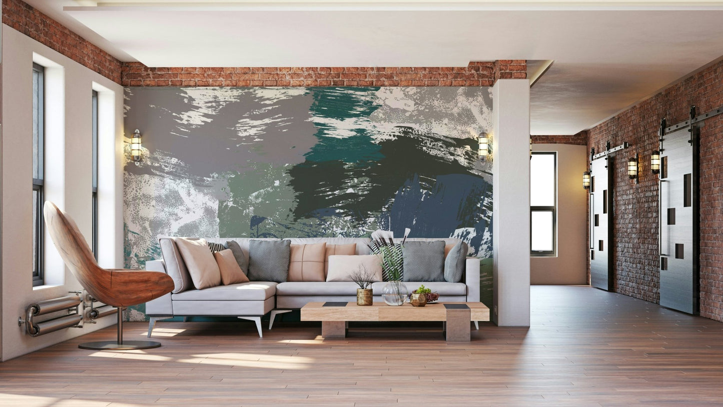 An artistic abstract stone mural on luxury wallpaper.

