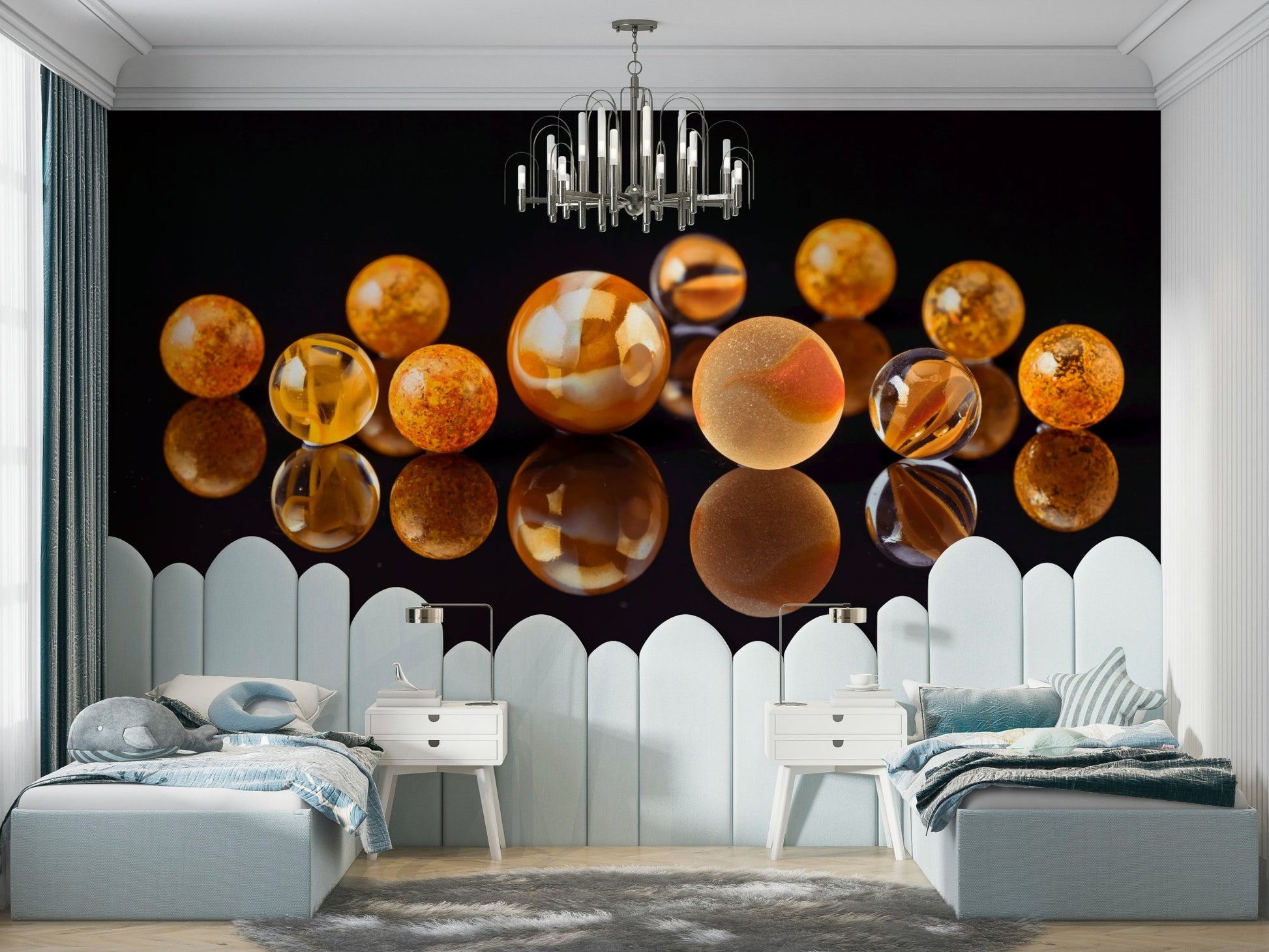 Reflective marbles on black wallpaper scene

