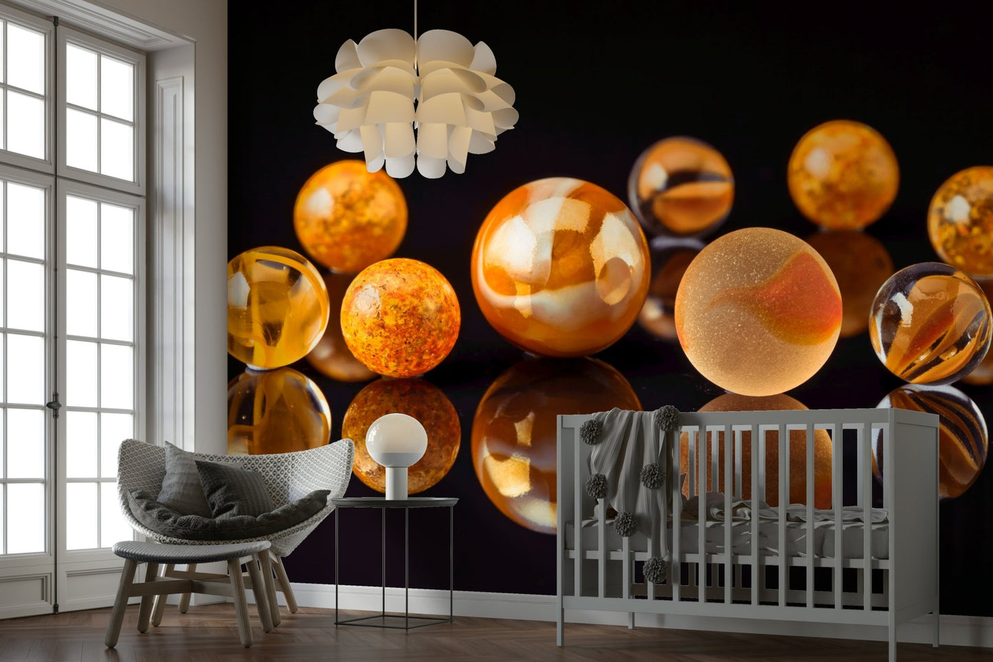 Mural wallpaper with golden glass marbles

