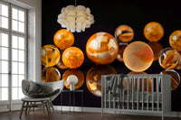 Mural wallpaper with golden glass marbles

