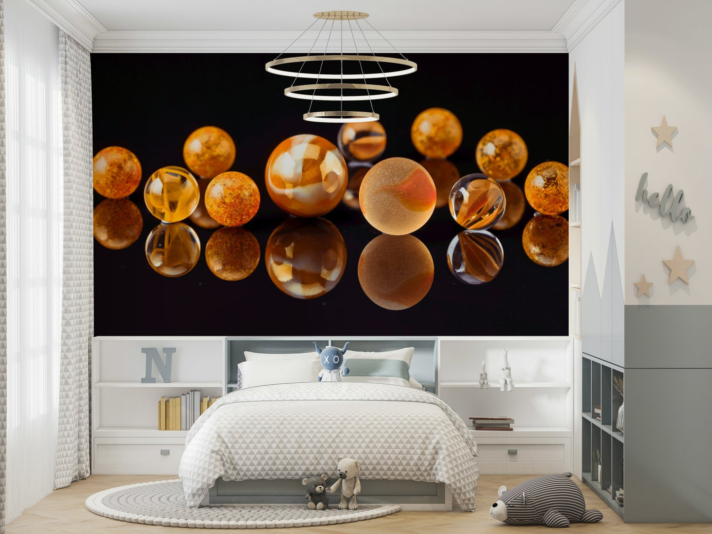 Kids room mural with colorful glass balls

