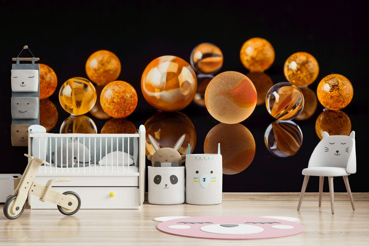 Wallpaper showing marbles on glossy black surface
