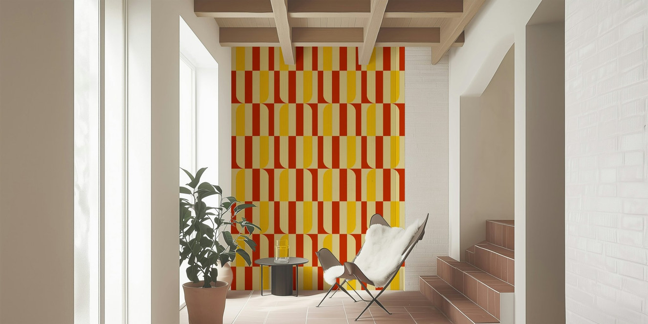 Abstract geometric wallpaper with marigold yellow and maple red blocks.